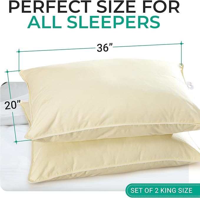 Cheer Collection Set of 2 Organic Kapok Bed Pillows, Natural Kapok Fiber Filled Sleeping Pillows with Breathable Cotton Shell, King Size, 20 x 36 inches
