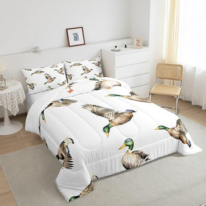 Feelyou Mallard Duck Bedding Set Hunting and Fishing Comforter Set Wild Animal Comforter for Boys Girls Kids Wildlife White Duvet Set King Size with 2 Pillow Case