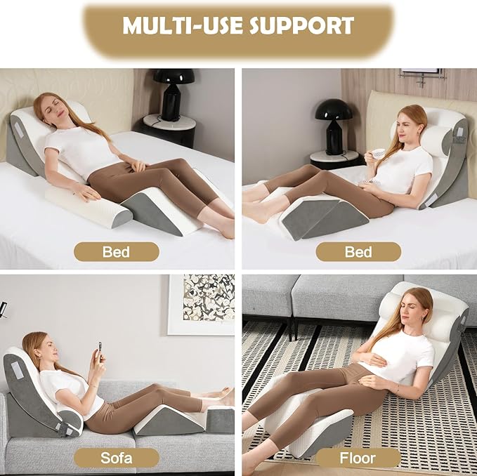 5Pcs Wedge Pillow for Sleeping, Orthopedic Bed Wedge Pillows for After Surgery, Foam Triangle Sit Up Pillow Wedge for Back, Neck, Shoulder Support, Leg Elevation, Acid Reflux, Gerd, Snoring White Grey