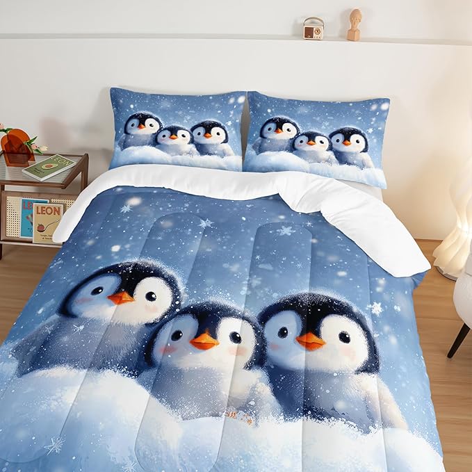 Penguin Comforter Set Twin Size,Antarctic Animal Kawaii Penguin Bedding Sets for Kids Boys Girls Room Decor,Cute Winter Snowflake Pattern Bedding Sets with 2 Pillowcases.