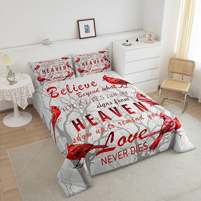 Feelyou Cardinal Bird Comforter Set Twin Size Farmhouse Red Birds Bedding Set for Girls Boys Women Men Tree Branches Decor Comforter Nature Comforter with 1 Pillow Case