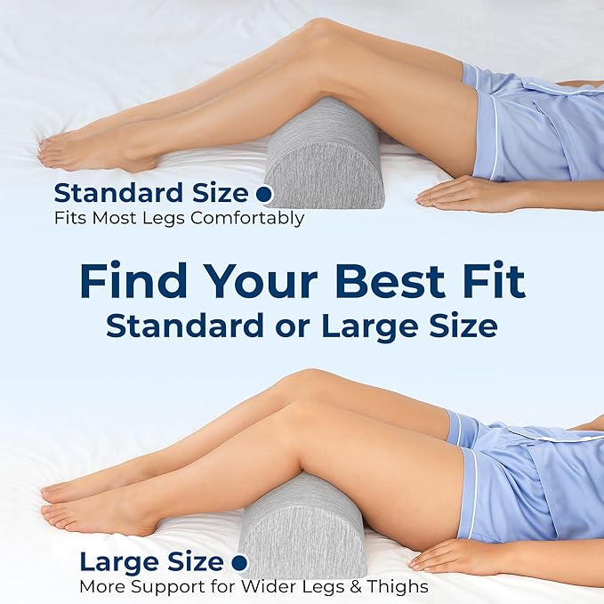 5 STARS UNITED Knee Pillow for Back Sleeping – Cooling Cover - Memory Foam Cushion for Sciatica Pain Relief – Under Leg Support for Sleeping on Back – Large Half Moon Bolster for Bed, Arctic Gray