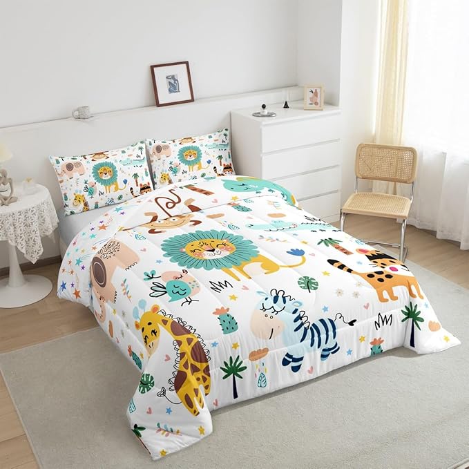 Feelyou Cartoon Jungle Animals Bedding Set Toddler Size Kids Safari Zoo Animals Comforter Sets Lion Tiger Monkey Giraffe Quilt for Boys Girls Teens Child Bed Set 1 Comforter 1 Pillowcase