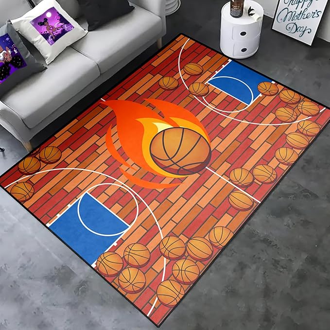Basketball Court Rug - Basketball Rug for Boys Bedroom, Sports Decor for Boys Bedroom Kids Carpet, Sports Themed Carpets for Playroom Living Room Floor Mat or Door mat, 3x4 Feet