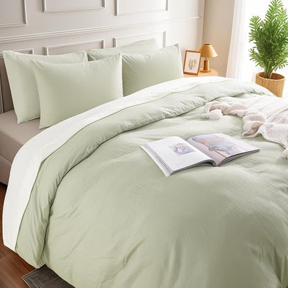NEXHOME PRO Duvet Cover Set Super Queen 92"x98" Linen Feel Textured Organic Natural 100% Washed Cotton Duvet Cover 3 Pieces Bedding Set Zipper Closure, Breathable, Mint Green (No Comforter)