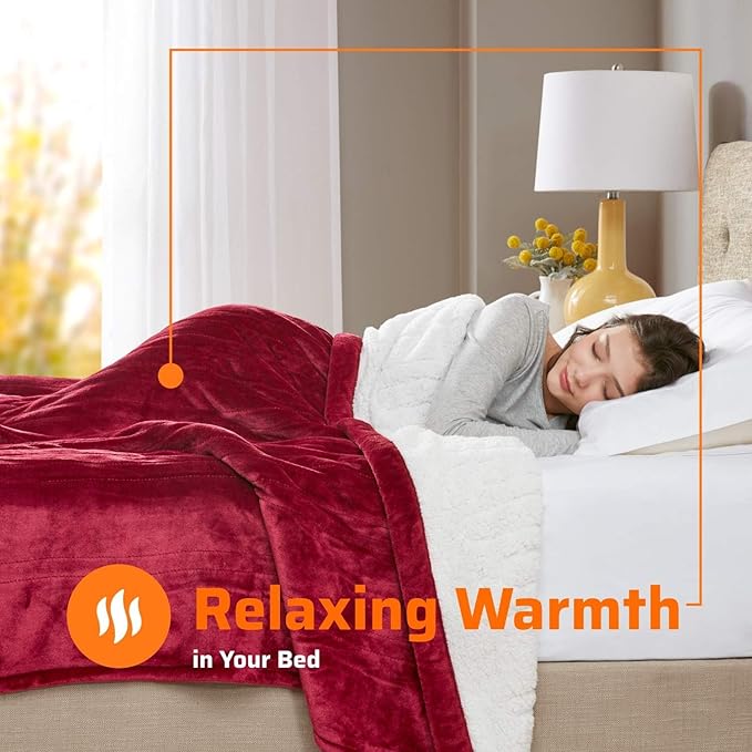 Degrees of Comfort Sherpa Plush Dual Control Electric Blanket Queen Size, Heating Blankets | Washable | Automatic Shut Off | Double Zone, 6 Heat Settings | 84" x 90" Red