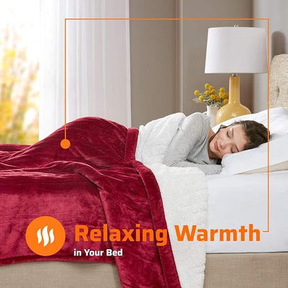 Degrees of Comfort Sherpa Plush Dual Control Electric Blanket Queen Size, Heating Blankets | Washable | Automatic Shut Off | Double Zone, 6 Heat Settings | 84" x 90" Red