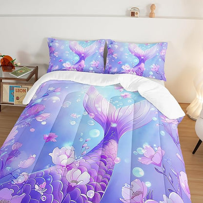 Pretty Mermaid Comforter King for Girls Kids, Mermaid Fish Scale Floral Pattern Bedding for Girls Bedroom Decor, Ocean Themed Comforter Bedding Set with 2 Pillowcases