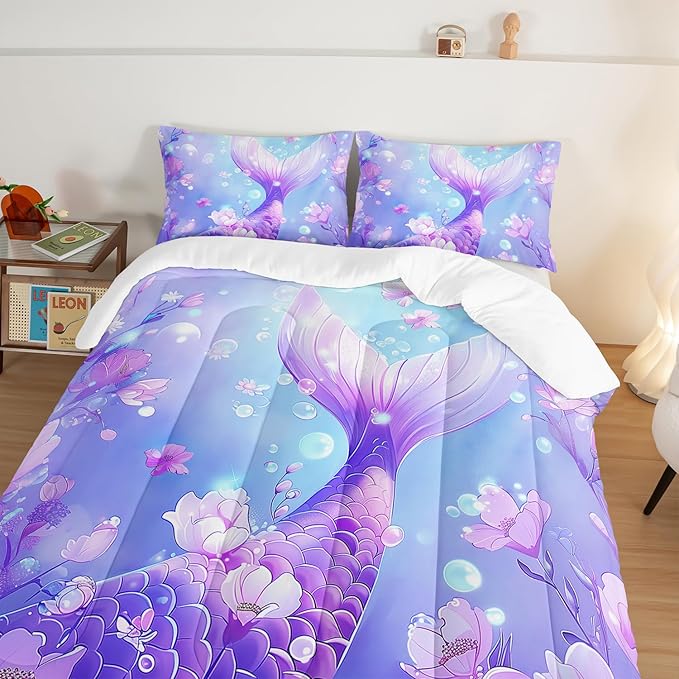 Pretty Mermaid Comforter Queen for Girls Kids, Mermaid Fish Scale Floral Pattern Bedding for Girls Bedroom Decor, Ocean Themed Comforter Bedding Set with 2 Pillowcases