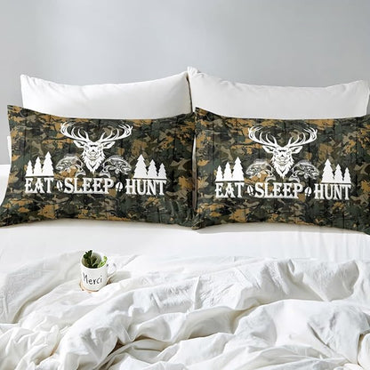 Castle Fairy Hunting Themed Duvet Cover Set Twin Size,Deer Antler Fish Bird Pine Trees Print Comforter Cover for Kids Boys Bedroom Gift,Green Camo Leaves Bedding Set with 1 Pillowcase Bedspread
