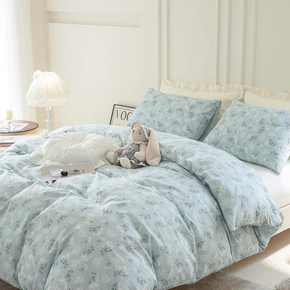 Jane yre Twin Duvet Cover Floral Brushed Microfiber 3 Pieces Bedding Set Garden Style Blue Flower Pattern Duvet Cover with Zipper Closure, Luxury Soft Breathable Comfy