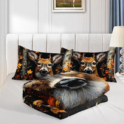 HOSIMA Deer King Size Comforter Set,Brown Deer in Forest Print Animal Bedding for Teens Boys Room Decor,Maple Leaves Pattern Hunting Themed Fluffy Wildlife Bedding Sets with 2 Pillowcases.