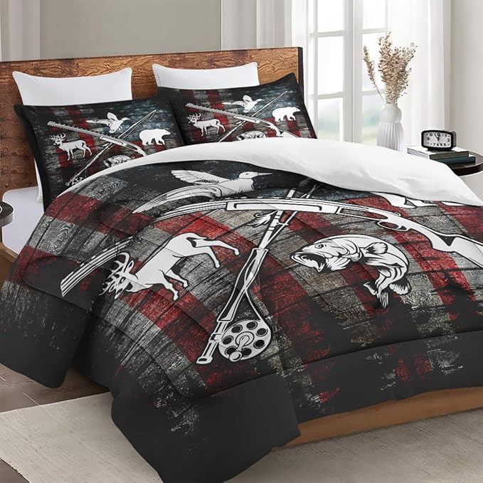 Queen Size Comforter Set with 2 Pillowcase, Hunting Fishing Hunter Soft 3 Pcs Bedding for Kids and Adults, Vintage Animal Retro Comforter Set for Room Bedroom Bed Decor