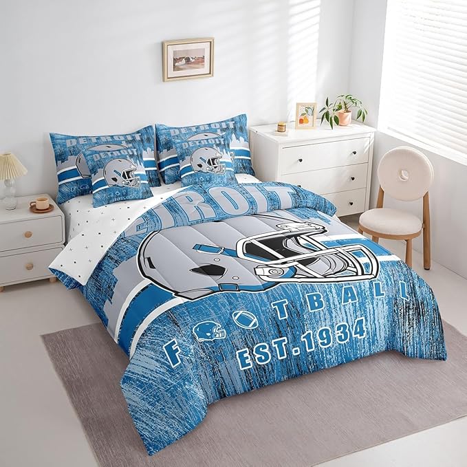Erosebridal Classic Football Bedding Set Queen Football Bed in A Bag for Boys Men Women Sports Helmet Bed Set Rugby Sports Decor Comforter Sets with Sheets 7 Pieces