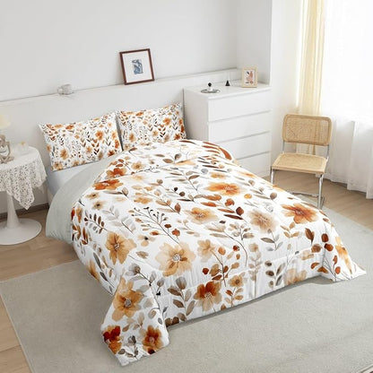 Erosebridal Vintage Floral King Comforter Set,Tan Beige Orange Flower Bedding Set for Kids Girls,Country Farmhouse Flowers Quilt,Boho Chic Wildflower Bedroom Decor,2 Pillowcases Breathable