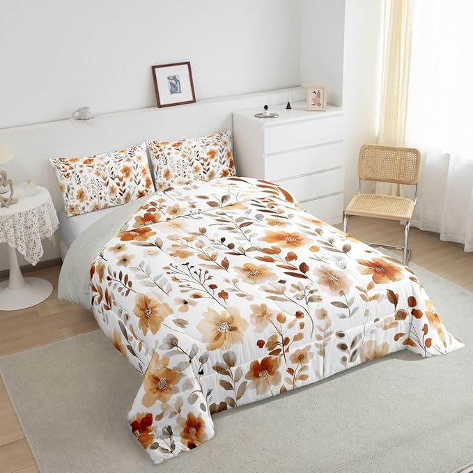 Erosebridal Vintage Floral Full Comforter Set,Tan Beige Orange Flower Bedding Set for Kids Girls,Country Farmhouse Flowers Quilt,Boho Chic Wildflower Bedroom Decor,2 Pillowcases Breathable