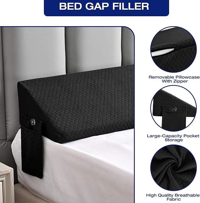 King Size Bed Wedge Pillow Gap Filler/Headboard, Long Triangle Edge Corner Pillows for Bed Gap Filler King Couch Apartment Home Essentials 10x6x76in, Dense Foam, Pockets, Prevents Things Drops Black