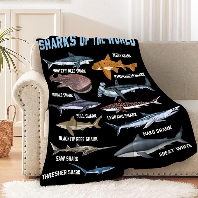 Shark Blanket for Adult Kids Shark Gifts for Shark Lovers Warm Plush Sharks of The World Throw Blanket for Couch Bedding Room Decor Shark Plush Gifts for Boys Birthday Decor 60"x80"-L