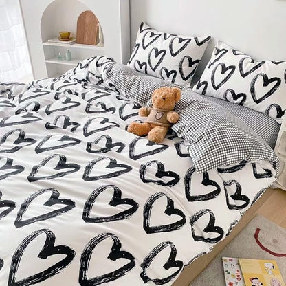 Wellboo Love Comforter Sets King Black and White Bedding Comforters Cotton Women Girls Heart Shaped Bed Quilts Brush Ink Love Pattern Quilts Adults Girls Modern Kawaii Black White Dorm Comforters