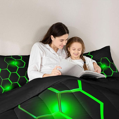 Feelyou Honeycomb Kids Comforter Set Modern Hexagon Bedding Set for Boys Children Teens Bedroom Decor Geometrical Comforter Beehive Geometric Black Green Duvet Set Queen Size with 3 Pillow Case