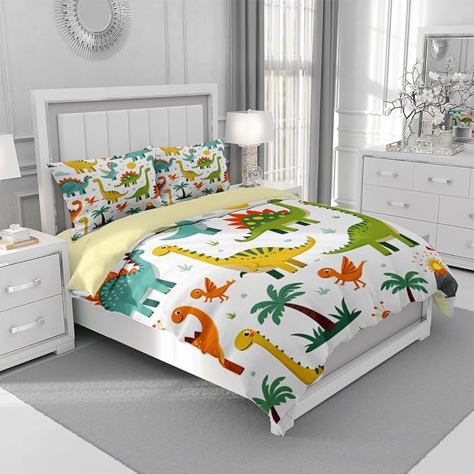Dinosaur Duvet Cover Sets Full Size for Kids Boys Girls Teens, Cartoon Yellow Comforter Cover,1 Duvet Cover 79x90 Inches and 2 Pillowcases 20x26 Inches (Full,No Comforter)