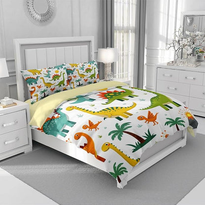 Dinosaur Duvet Cover Sets Full Size for Kids Boys Girls Teens, Cartoon Yellow Comforter Cover,1 Duvet Cover 79x90 Inches and 2 Pillowcases 20x26 Inches (Full,No Comforter)