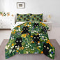 Castle Fairy Cute Cats Kids Comforter Set Queen Size,Watercolor Flowers Green Leaves Plant Reversible Bedding Set for Girls Bedroom Decor Black Kawaii Animal Oil Painting Quilted Duvet,2 Pillowcases