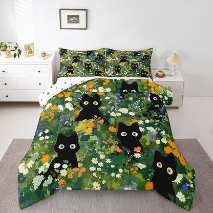 Castle Fairy Cute Cats Kids Comforter Set King Size,Watercolor Flowers Green Leaves Plant Reversible Quilted Duvet with 2 Pillowcases Black Kawaii Animal Oil Painting Comforter for Boys Teens Bedroom
