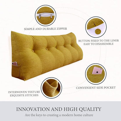 Triangle Reading Pillow Wedge Headboard Pillow California King Perfect as Bed Rest Back Support Pillow Sitting Up in Bed Padded Headboard Wall Cushion with Removable Linen Cover Yellow