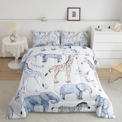 Castle Fairy Elephant Giraffe Bedding Set Queen Size Africa Tropical Animal Comforter Set for Girls Boys Room Decor Watercolor Leaves Down Comforter Wild Zebra Quilt Set with 2 Pillowcases
