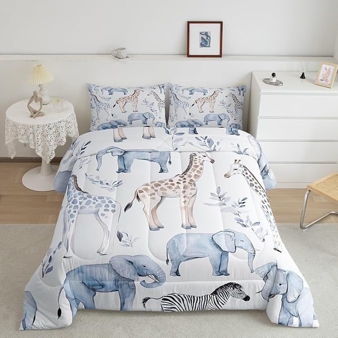 Castle Fairy Elephant Giraffe Bedding Set Full Size Africa Tropical Animal Comforter Set for Girls Boys Room Decor Watercolor Leaves Down Comforter Wild Zebra Quilt Set with 2 Pillowcases
