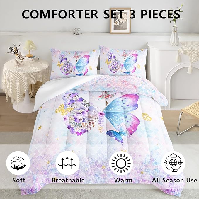 Axolotl Butterfly Bedding King,Rainbow Butterflies Comforter Set for Girls Teens,Butterfly Bedding for Girls with Golden Star Scales,Watercolor Butterflies Quilt Set with 1 Comforter 2 Pillowcases