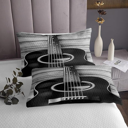 Erosebridal Guitar Quilt Set - Music Bedspread With Vintage Guitar on Wooden Floor Design for Kids Adult Bedroom Decor (1 Quilt and 2 Pillowcases) Queen Size, Soft Bedclothes, Black Grey