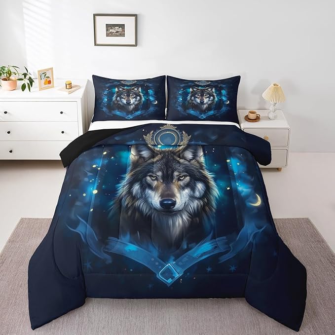 Feelyou Wolf Comforter Set Toddler Size Soft for Boys Girls Teens Mountain Moon Wolf Bedding Set Breathable Blue Duvet Set Room Decor Quilt Set