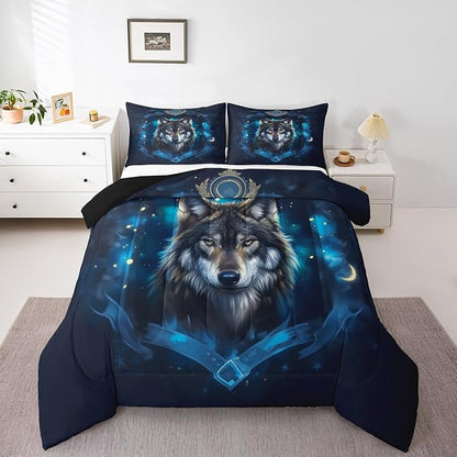 Feelyou Wolf Comforter Set Toddler Size Soft for Boys Girls Teens Mountain Moon Wolf Bedding Set Breathable Blue Duvet Set Room Decor Quilt Set
