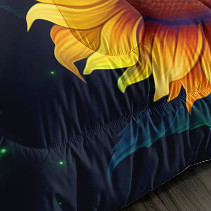 Yellow Sunflower Bedding Blue Butterfly Comforter 3Pcs Queen Black Floral Botanical Pattern Quilt Set for Kid Teen Girl Boy Romantic Starlight Bed Decor Set with 1 Comforter and 2 Pillowcases