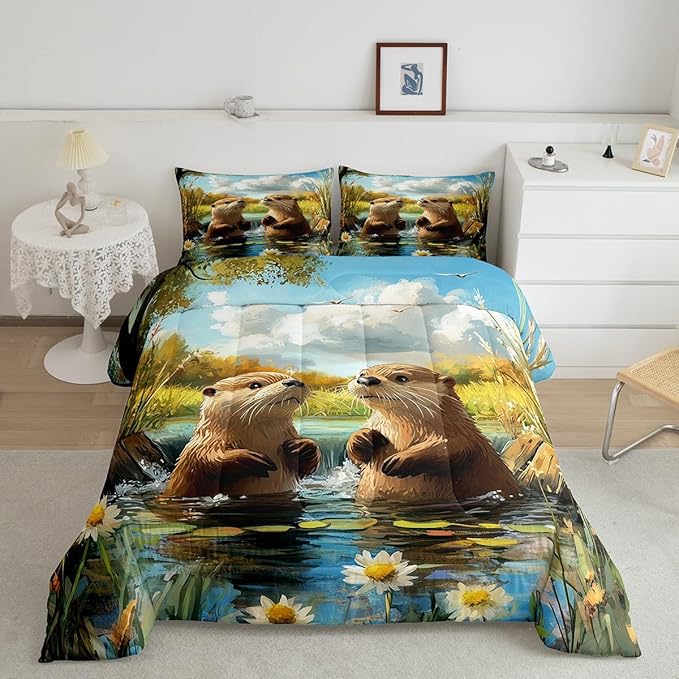 3D Otter Bedding Sets Queen Size 3 Pcs Oil Painting Style Pond Natural Scenery Comforter Set for Kids Teens Adults Retro Daisy Watercolor Plants Rustic Style Down Comforter with 2 Pillowcases