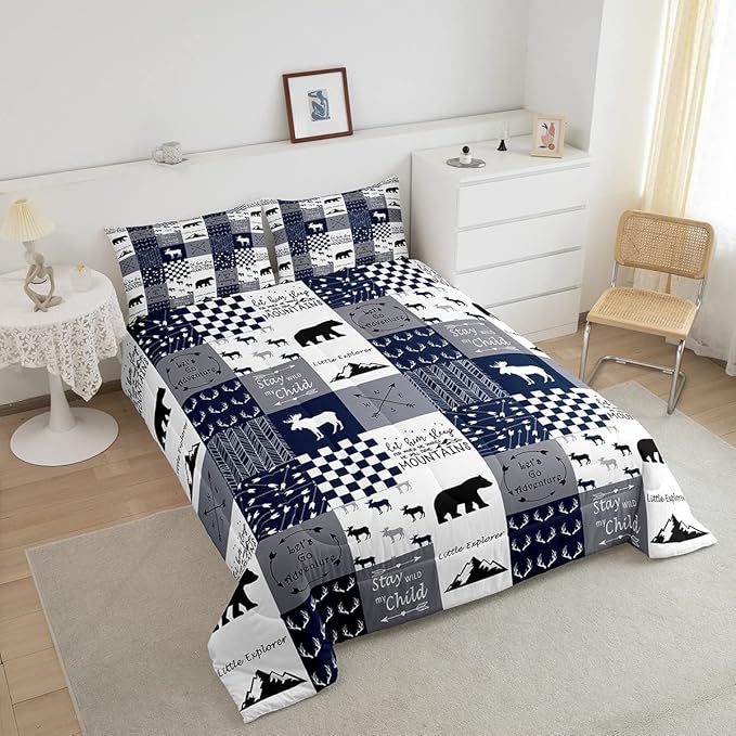 Feelyou Deer Moose Print Comforter Set for Girls Women Teens Adult, Kids Boys Bear Hunting Bedding Set, Wild Animal Comforter Soft Quilt,Blue with 2 Pillowcases 3Pcs Bedding Queen Boys