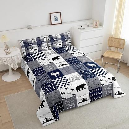 Feelyou Deer Moose Print Comforter Set for Girls Women Teens Adult, Kids Boys Bear Hunting Theme Bedding Set, 3D Wild Animal Comforter Soft Quilt Set,Blue with 2 Pillowcases 3Pcs Bedding Full