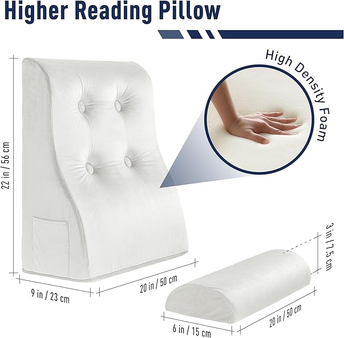 Daneey Reading Pillows for Sitting in Bed Adult Back Pillow for Sitting Up, Back Support Pillow for Bed, Foam Wedge Pillow for Neck, Lumbar, Back, White, 20 * 9 * 22IN, Velvet