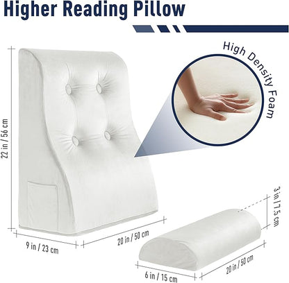 Daneey Reading Pillows for Sitting in Bed Adult Back Pillow for Sitting Up, Back Support Pillow for Bed, Foam Wedge Pillow for Neck, Lumbar, Back, White, 20 * 9 * 22IN, Velvet