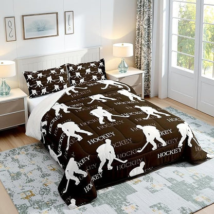 Castle Fairy Ice Hockey Full Size Comforter Set,Brown Hockey Player Bedding Set for Adults Teens,Children Winter Sports Comforter Luxury Hockey Sports Event Quilt Set Room Decor 3Pcs