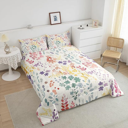 Erosebridal Colorful Floral Full Comforter Set for Kids Girls Women,Cute Rainbow Flower Bedding Set Boho Bedroom Decor,Watercolor Wildflower Quilt Bed Set Rustic Flowers Bed Comforter Set 3Pcs