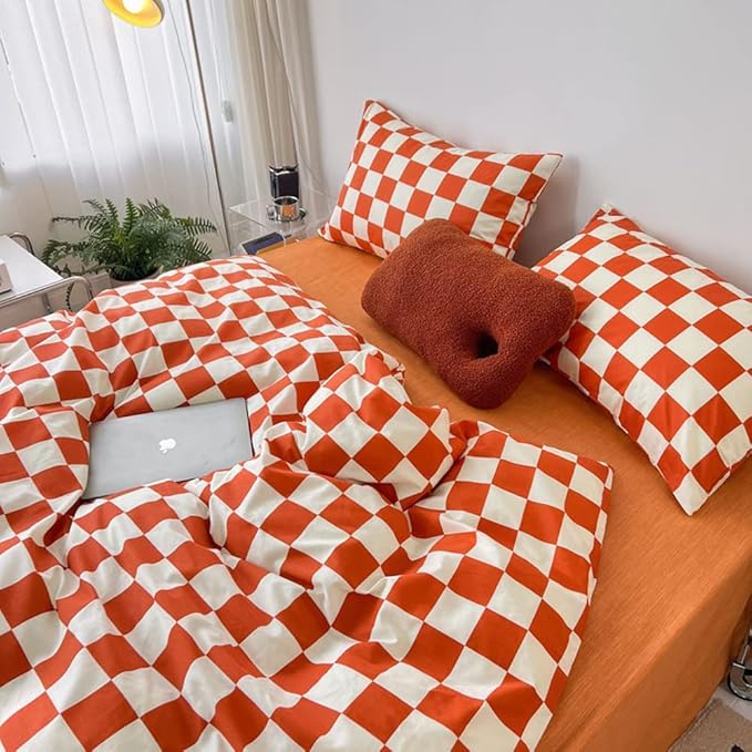Wellboo Orange White Plaid Comforter Sets Queen Women Girls Light Red Checkerboard Bedding Comforters Cotton Rust Caramel and White Checkered Geometric Quilts Adults Modern Grid Abstract Simple Bed