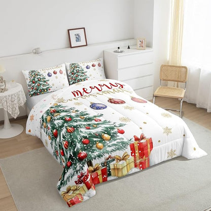 Erosebridal Christmas Tree Queen Comforter Set,Merry Christmas Bedding Set for Kids Boys Girls,Happy New Year Down Comforter,Xmas Snowflake Reversible Bed Set with 2 Pillowcases for Bedroom