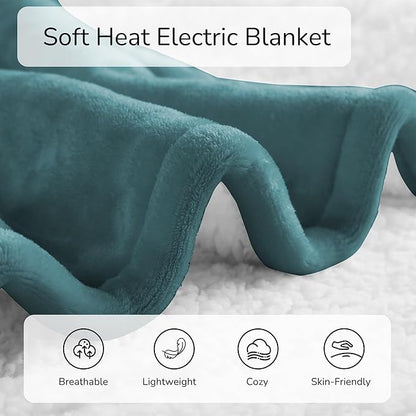 Electric Heated Blanket Throw Size 50"x60" - Dual-Sided with Microplush & Sherpa Fabric, 4 Heat Settings & 3 Hours Auto Off, Machine Washable - Teal