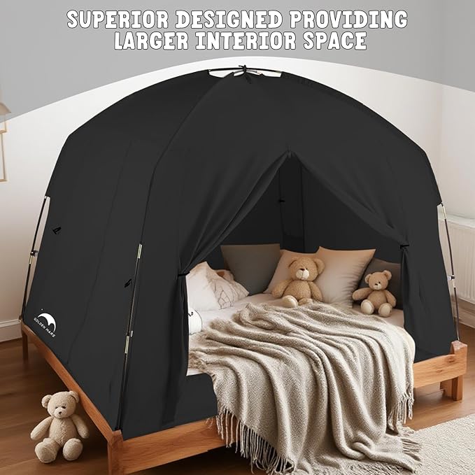 Bed Tents for Kids and Adult, Portable 100% Breathable and 93% Blackout Toddler Toddler Dream Paly Tent, 3 Doors Privacy Space Sleeping Canopy for Floor or Twin Full Queen Sizes Bed (Black, Full-Size)