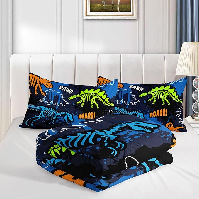 Kids Comforter Set Dinosaur Theme Printed Pattern Bedding Set with 1 Comforter and 2 Pillowcases for Girls Boys Bedroom All Season(Dinosaur ThemeTwin)