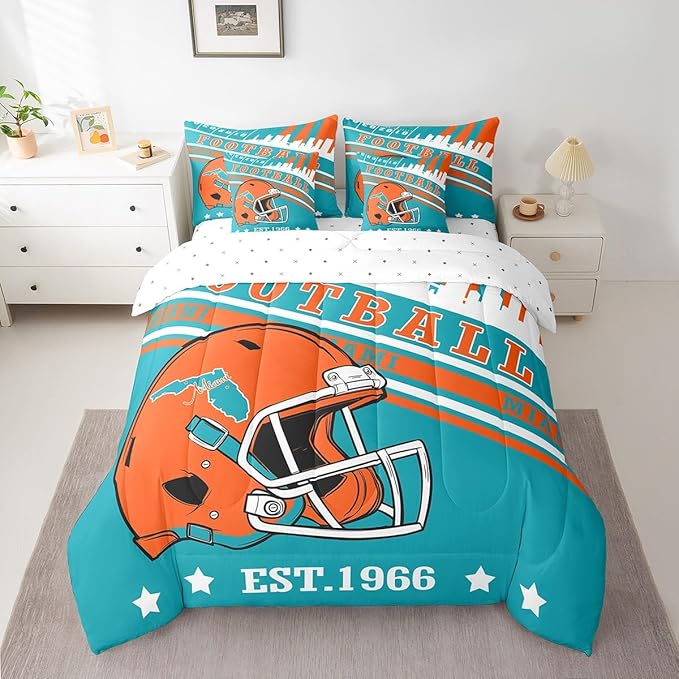 Erosebridal King Kids Comforter for Sports Fans Football City Bedding Sets, 7Pcs Sports Helmets Rugby Decor Comforter + Flat Sheet + Fitted Sheet + 2 Pillowcases + 2 Throw Pillow Covers