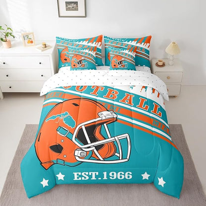 Erosebridal King Kids Comforter for Sports Fans Football City Bedding Sets, 7Pcs Sports Helmets Rugby Decor Comforter + Flat Sheet + Fitted Sheet + 2 Pillowcases + 2 Throw Pillow Covers